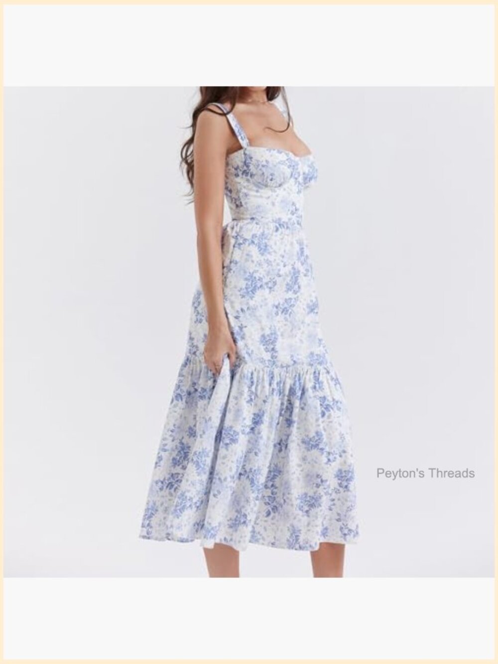 Floral Corset Midi Dress Spaghetti Strap Low Cut Flowy Pleated Hem Side Pockets - Picture 2 of 6